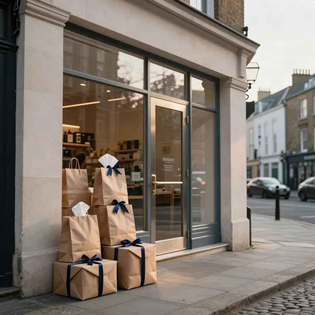Devanture de quartier rénovée, sacs kraft et boîtes mates devant une façade en pierre.