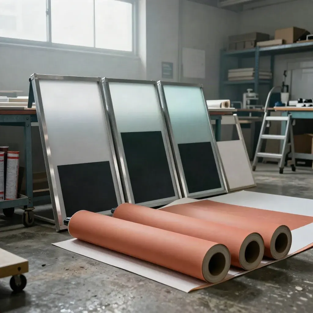 Rouleaux d’affiches et caissons lumineux en atelier, prêts pour une campagne locale.