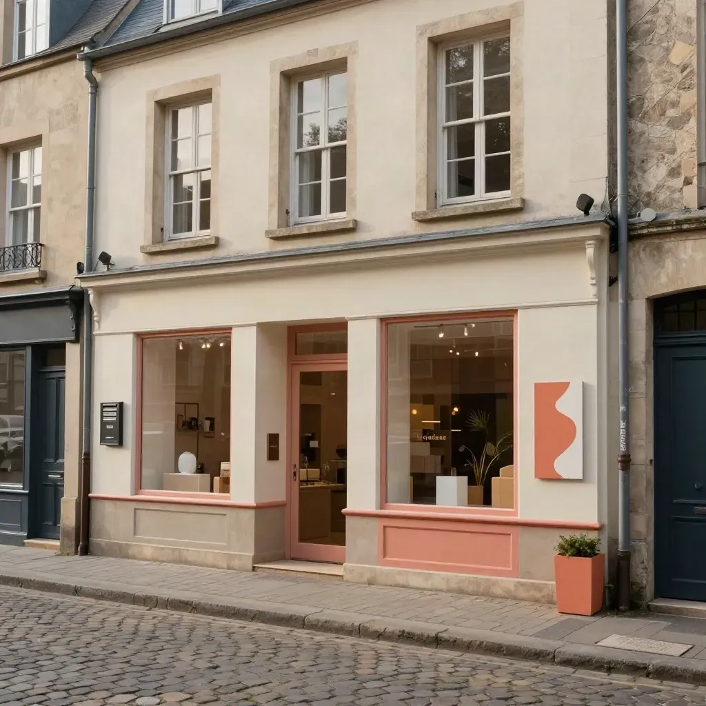 Façade de maison de ville rénovée avec vitrines propres et touches corail au soleil du soir.