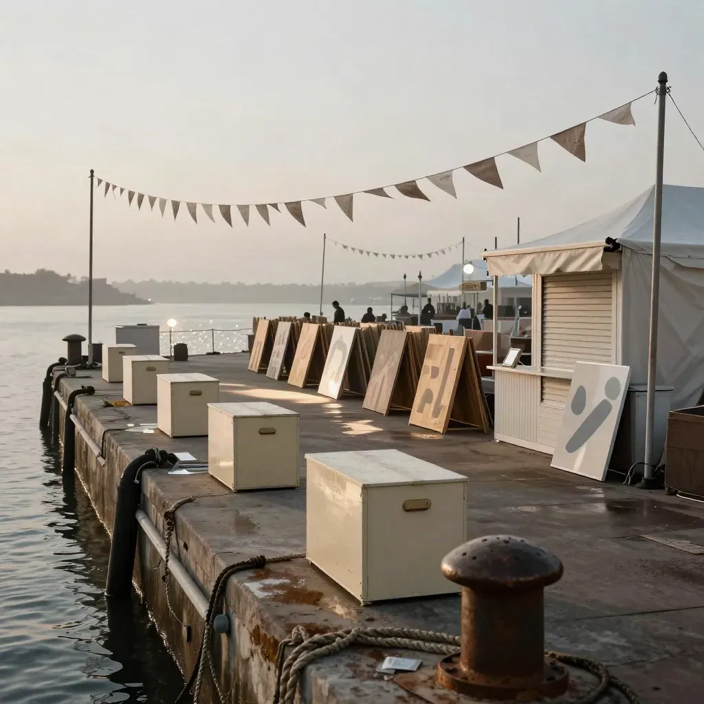 Port de fête au crépuscule, barrières vides, guichets fermés et reflets sur l’eau.
