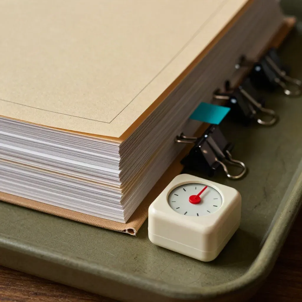 Fiches de planning, minuteur analogique et bandes couleur sur un plateau de travail.