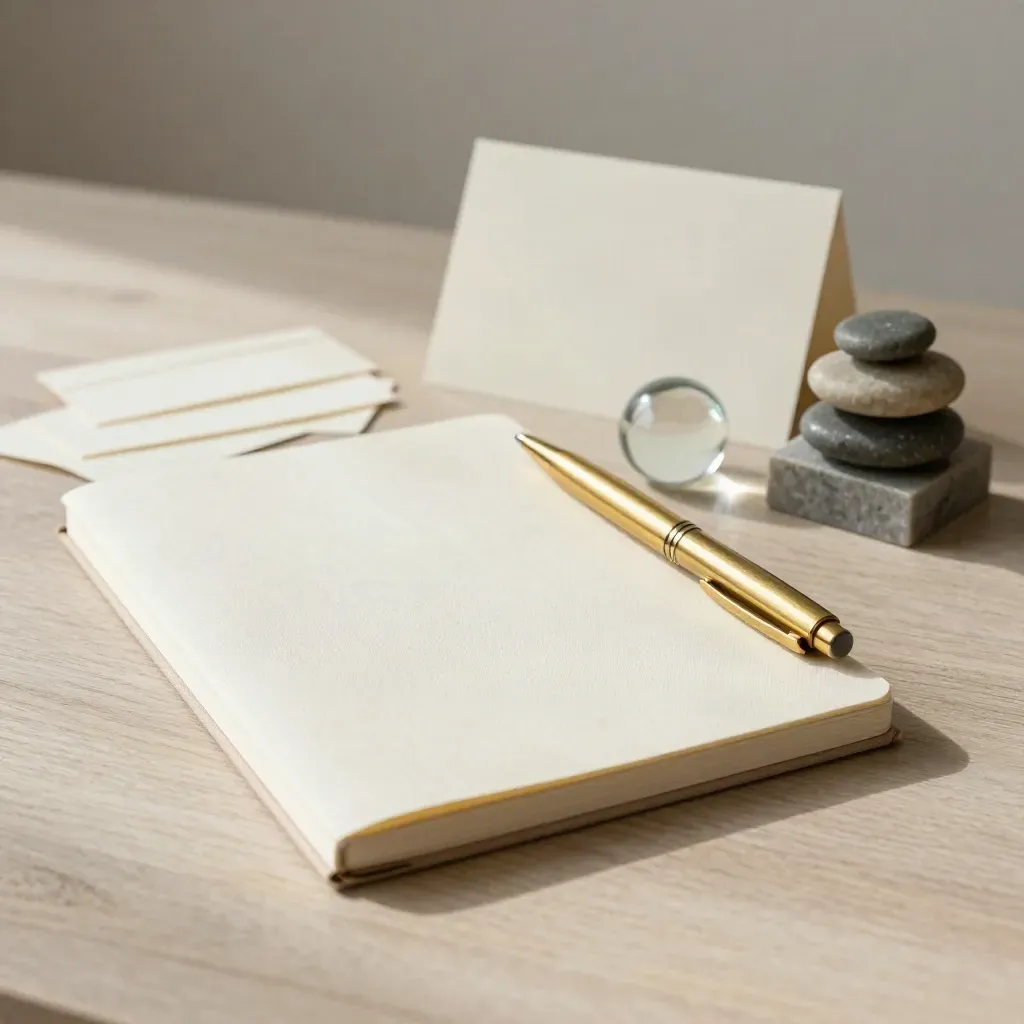 Carnet fermé, cartes vierges, stylo en laiton et presse-papiers sur bois clair.
