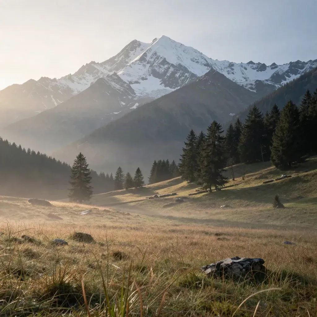 Mont Blanc à l’aube au-dessus de prairies alpines et d’une vallée calme.